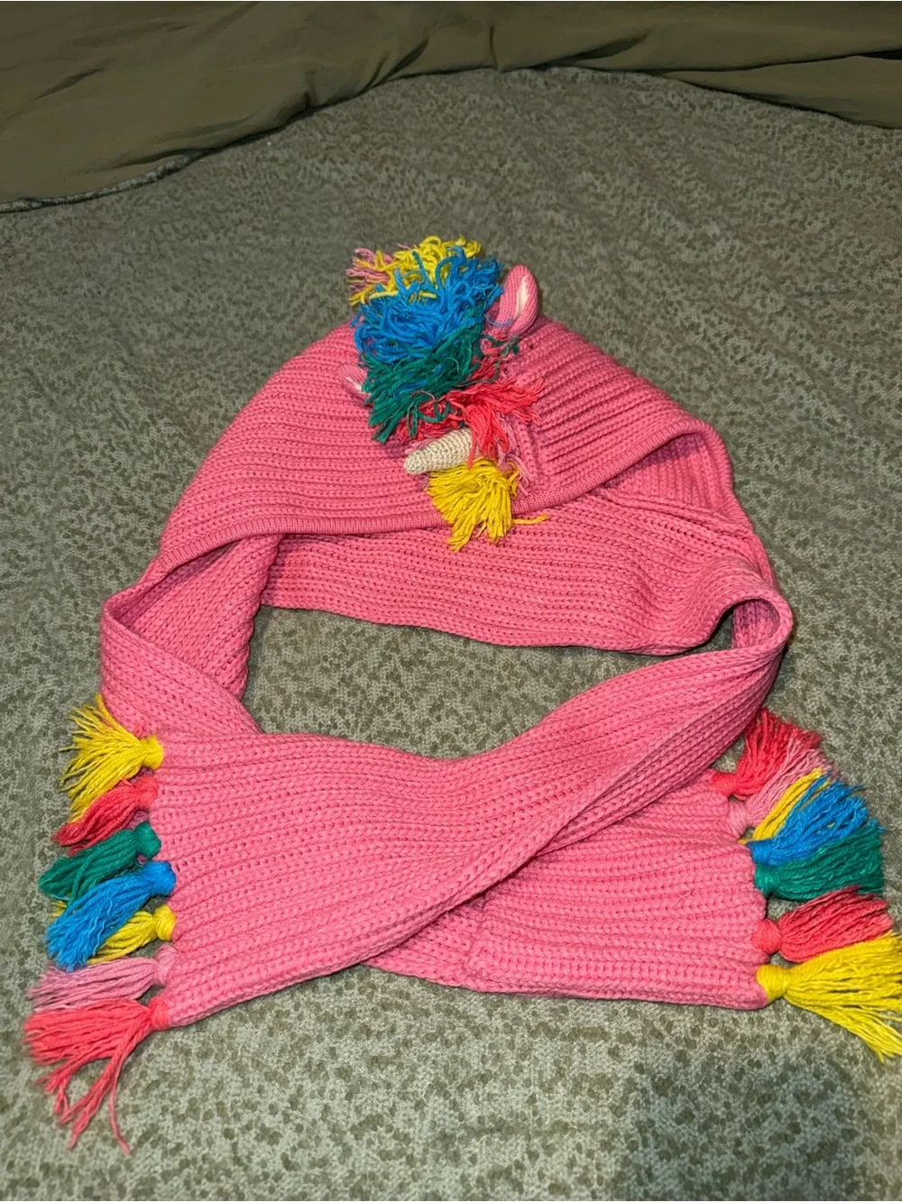 Mini Boden Pink Unicorn Knit Hat with Rainbow Fringe